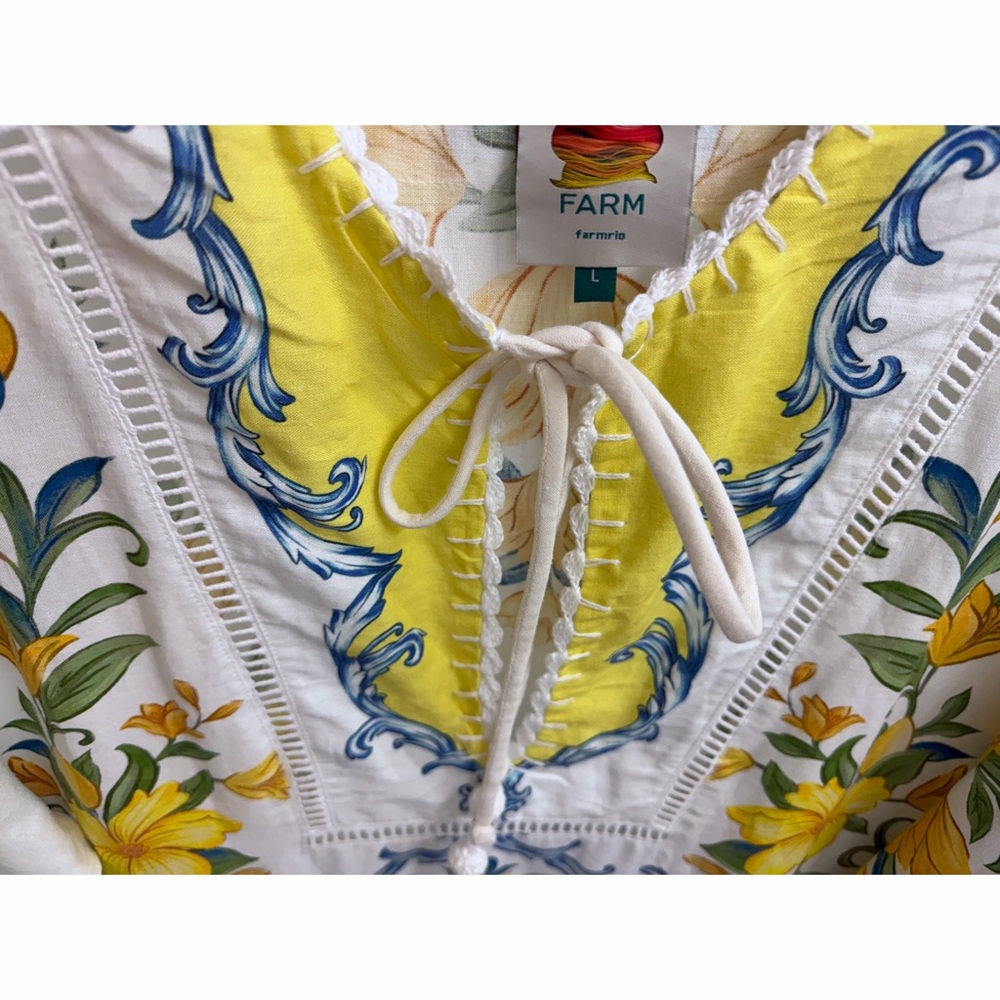 Farm Rio Sicily Scarf Lemon Print Mini Dress Yellow Fruit Floral Linen L - Picture 9 of 16